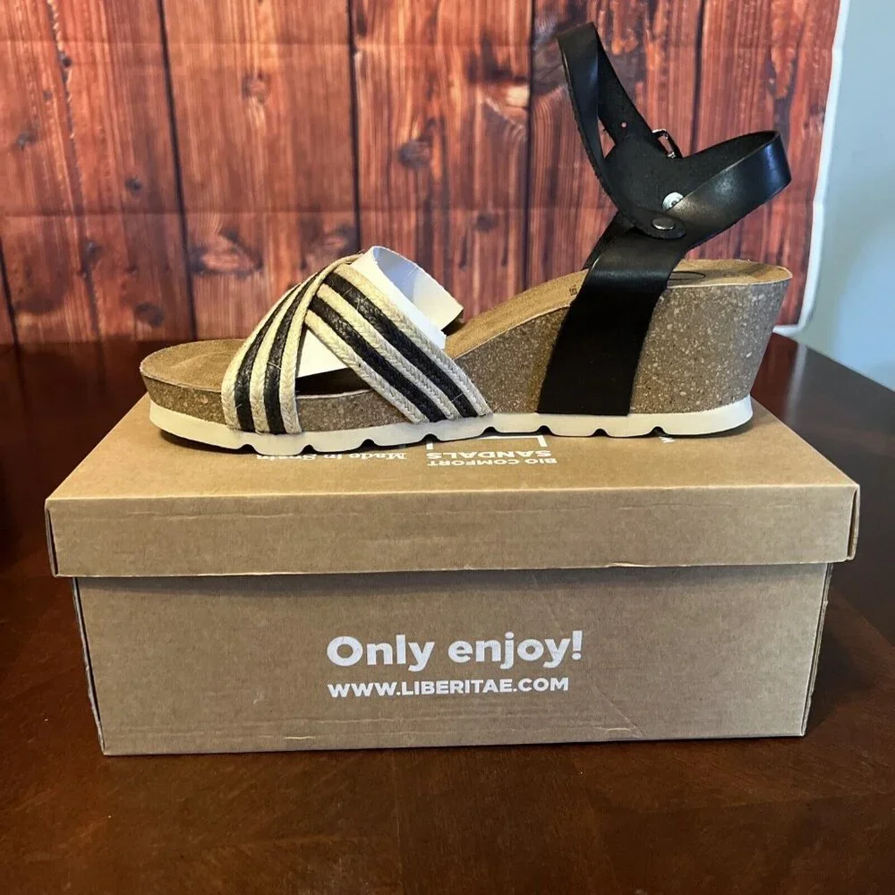 Liberitae Bio Aries Wedge Women Sandal in Leather and‎ Jute size Eu 39 Us 8- 8.5